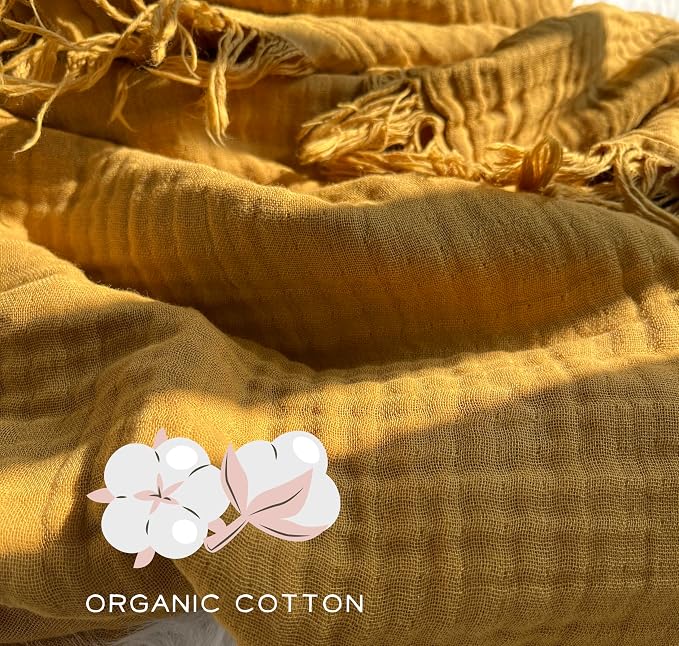 KyraHome 100% Organic Cotton Throw Blankets, 50"x60" Pre-Washed Plant Dyed, Breathable, Lightweight Summer Muslin Blankets, Adults, Couch, Picnic, All Season, Mustard Yellow