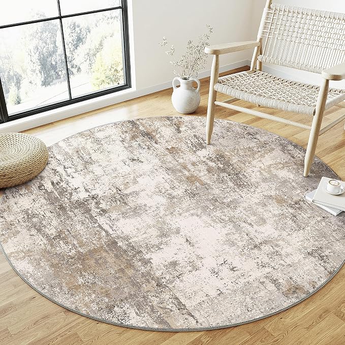 6x6 Washable Round Rug Brown Grey Abstract Non Slip Soft Low Pile Circle Rug for Living Room Bedroom Neutral Modern Indoor Carpet for Dining Room Office Entryway Home Decor