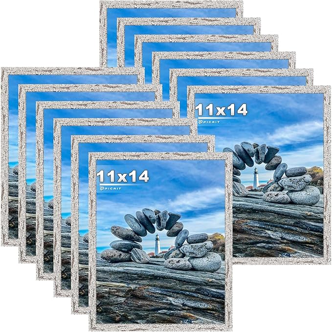 Picrit 11x14 Farmhouse Picture Frame Set of 12, Display 8x10 with Mat or 11 x 14 without Mat, Rustic Photo Frames for Wall Mounting or Table Top Display, Country Gray