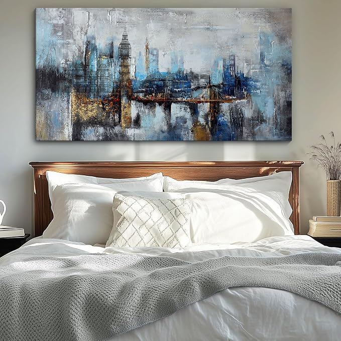Pogusmavi Large Wall Art for Bedroom Abstract City View Canvas Art Modern Home Decor Gray Blue Buildings Prints for Bedroom Wall Art Office Artwork Wall Decor for Living Room Decor 24x48 inches