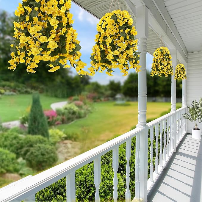 Sggvecsy Artificial Fake Hanging Flowers Plants for Outdoor Outside Spring Summer Decoration 4PCS Faux Silk UV Resistant Realistic Morning Glory Trailing Vines for Home Porch Patio Balcony(Yellow)