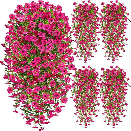Artificial Hanging Flowers for Outdoors Spring Summer Decoration, 4PCS UV Resistant Silk Fake Hanging Plants for Patio Porch Front Yard Window Garden Indoor Decor(Hot Pink,4PCS)