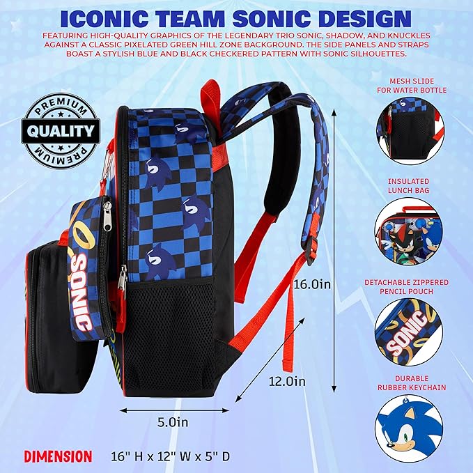 AI ACCESSORY INNOVATIONS Sonic the Hedgehog 5 PC Backpack Set for Girls & Boys, 16” Book Bag Featuring Sonic, Shadow, & Knuckles