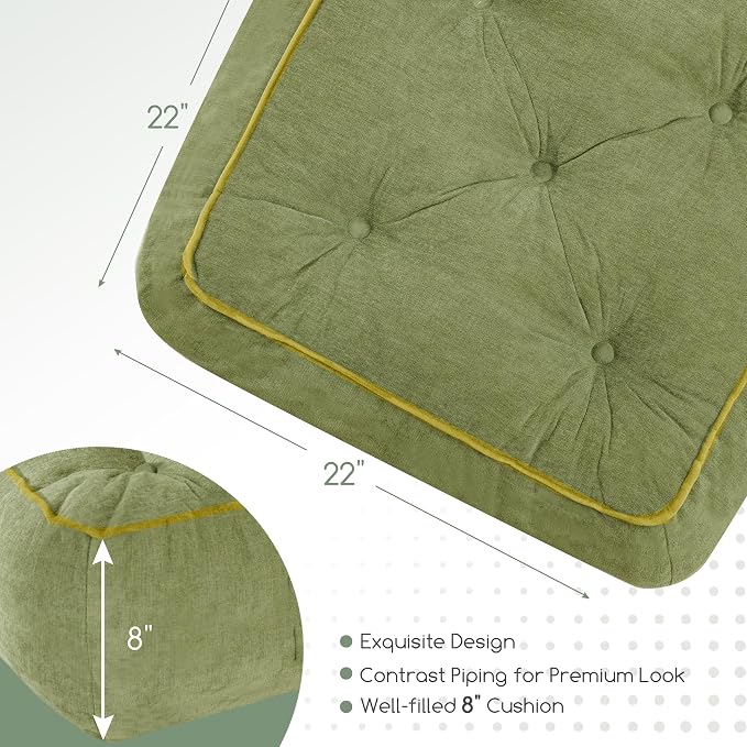 HIGOGOGO 8" Extra Thick Floor Pillow Cushion for Adults, Meditation Cushion Pillow with Handle, Lustrous Chenille Tufted, Square Floor Sitting for Tatami Living Room or Yoga, 22x22 Inch, Green