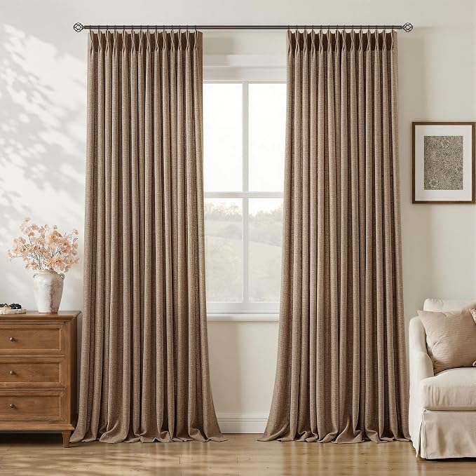 Brown Pinch Pleated Curtains 108 Inches Length for Living Dining Room Rust Retro Country Light Filtering Sheer Back Tab Curtains with Hooks Rings Pinch Pleat Burlap Linen Window Drapes for Bedroom