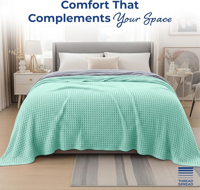 THREAD SPREAD 100% Cotton Waffle Twin Size Blanket for Bed - Soft Lightweight Breathable Waffle Weave Twin Blanket for All Season, Textured Throw Blankets for Bed, Sofa, Hotel, Hospital - Mint Green