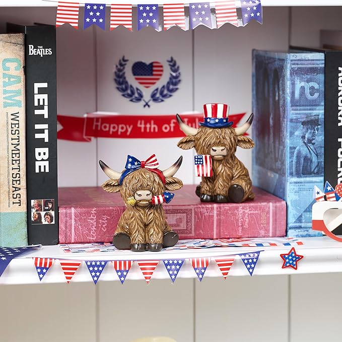 Valery Madelyn 4th of July Highland Cow Decorations, Memorial Day Decoration for Home Decor, Large 2Pcs Patriotic High Mountain Yak Figurines USA 250th Anniversary Decorations, Independence Day