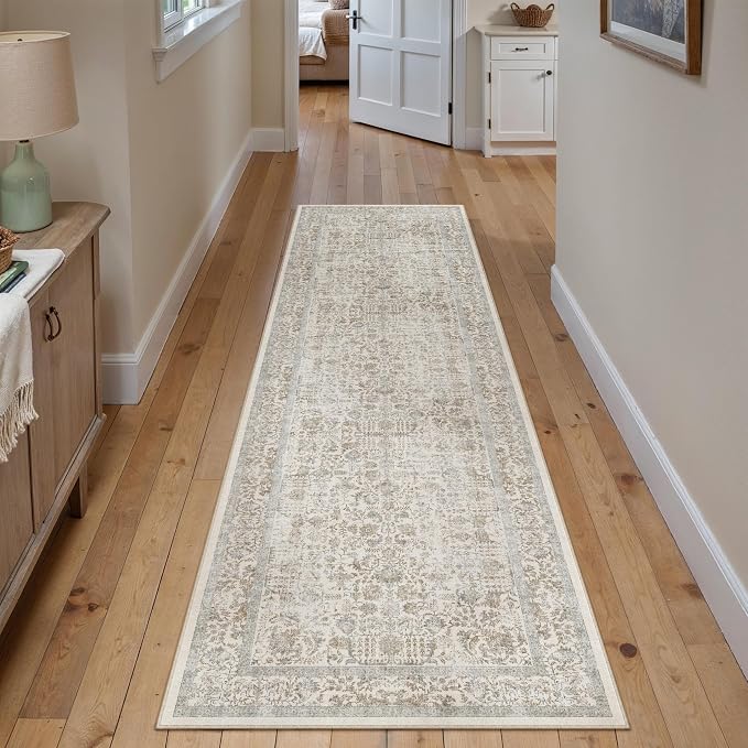 PureCozy Taupe Runner Rug 2x8 Hallway Machine Washable Kitchen Vintage Distressed Non Slip Long Carpet Indoor Retro Floral Bedroom Accent Throw Rug for Bathroom Office Laundry Dining Living Room
