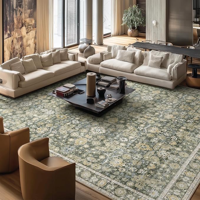 Washable Rugs for Living Room: 10x14 Area Rugs for Bedroom Ultra Soft Non-Slip Stain Resistant Vintage Boho Large Carpet for High-Traffic Dining Room - Farmhouse Decor