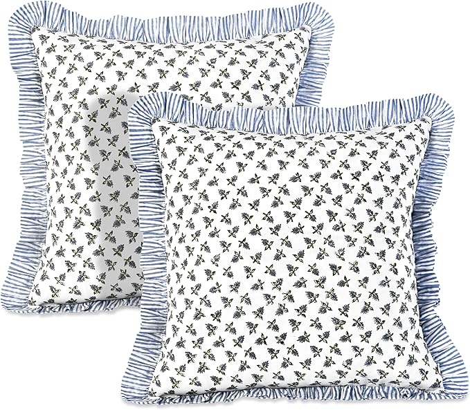 Ridhi Block Print Baby Blossoms Throw Pillow Cover 20" x 20" (Pack of 2) Decorative Cushion Covers with Ruffle for Couch, Sofa, Bed, Living Room, Home Decor Gift for Spring, Easter, Valentine