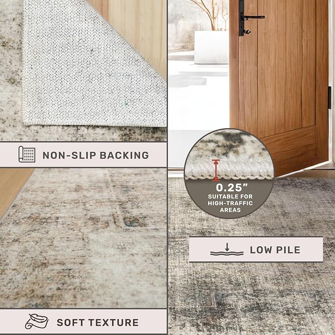Washable Area Rug 7x10 for Living Room - Ultra-Soft Vintage Distressed Farmhouse Rug, Neutral Taupe Brown Foldable Large Carpet with Non-Slip Backing for Bedroom & Cozy Rustic Decor