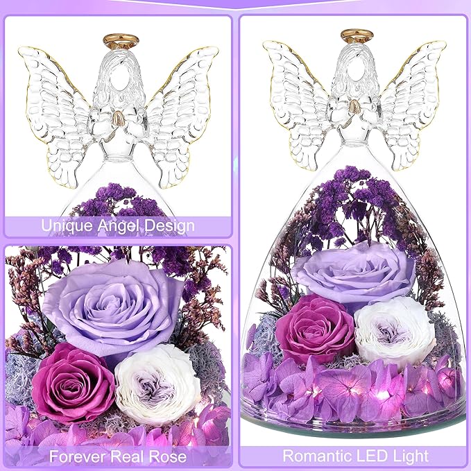 Mothers Day Rose Gifts for Women Preserved Real Flower in Glass Angel Figurines Roses for Delivery Prime Birthday Gifts for Mom Grandma Girlfriend Wife Her, Light Purple Austin Roses