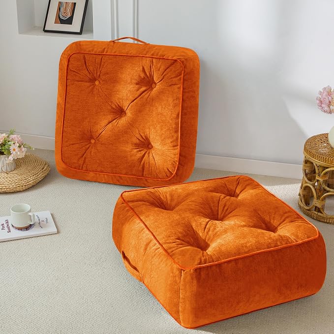 8" Extra Thick Floor Pillow Cushion for Adults, Meditation Cushion Pillow with Handle, Lustrous Chenille Tufted, Square Floor Sitting for Tatami Living Room or Yoga, 22x22 Inch, 2Pack, Orange