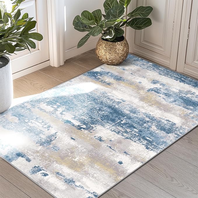 BEIMO 2x3 Rugs for Entryway Entrance Kitchen Bathroom, Machine Washable Modern Abstract Soft Area Rug Door Mat, Indoor Floor Carpet with Non Slip Rubber Backing, Blue Cream