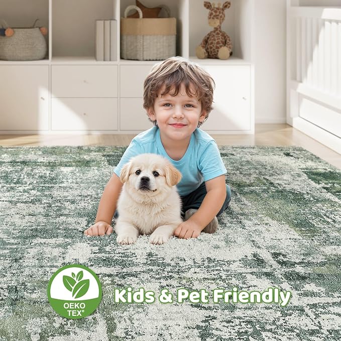 9x12 Area Rug Living Room: Washable Large Abstract Soft Stain Resistant Indoor Floor Rugs Non-Slip Accent Carpet for Bedroom Nursery Playroom Office Dining Room Home House- Dark Green