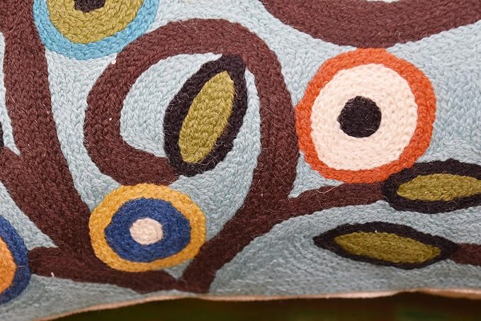 Lumbar Cushion Cover Hand Embroidered Wool 13x21 (Blue Birds Lumbar Pillow Cover)