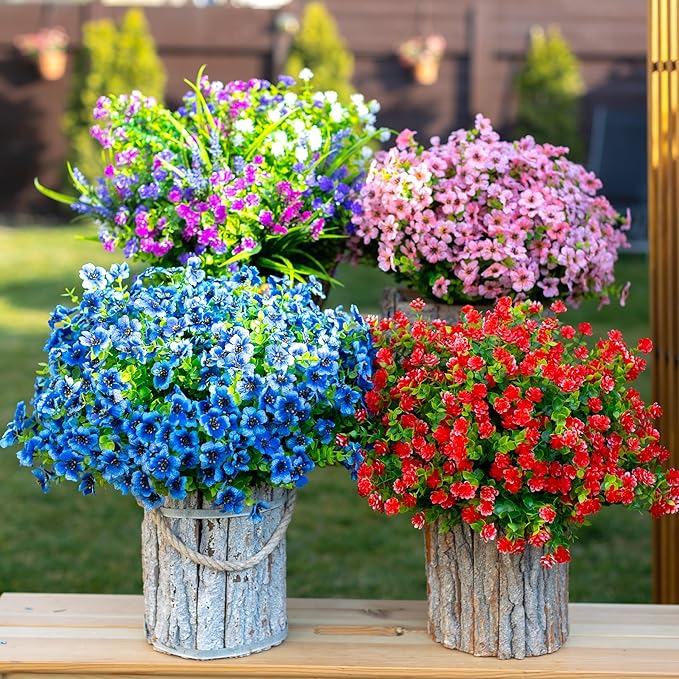 AXYLEX Artificial Flowers for Outdoors Fake Plants - 12 Bundles Faux UV Resistant No Fade Plastic Greenery Home Garden Porch Patio Decoration Boxwood Shrubs (Red)
