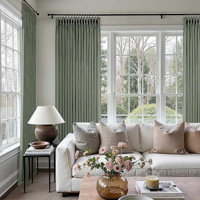 Sage Green Pleated Linen Curtains 105 Inch Length 2 Panels Set Semi Sheer Light Filtering Privacy Window Drapes for Living Room Modern Viral Pinch Pleated Curtains 105 Inches with Hooks Rings Clips
