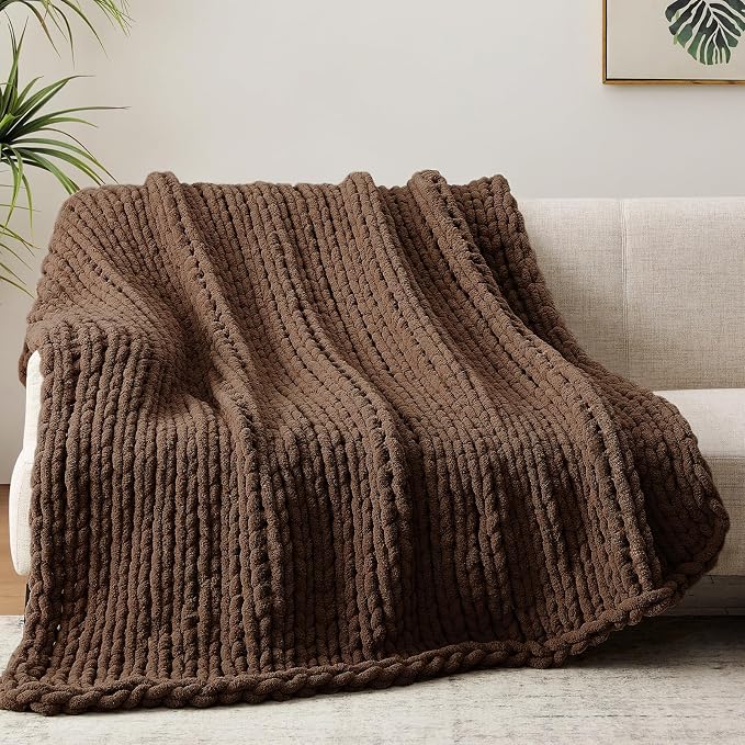Negwoo Chunky Knit Throw Blanket, 30''*40'' Knitted Throw Chenille Yarn for Bed Couch, Handmade Dark Brown Crochet Big Thick Blanket, Machine Washable Cute Comfy Blanket for Home Decor