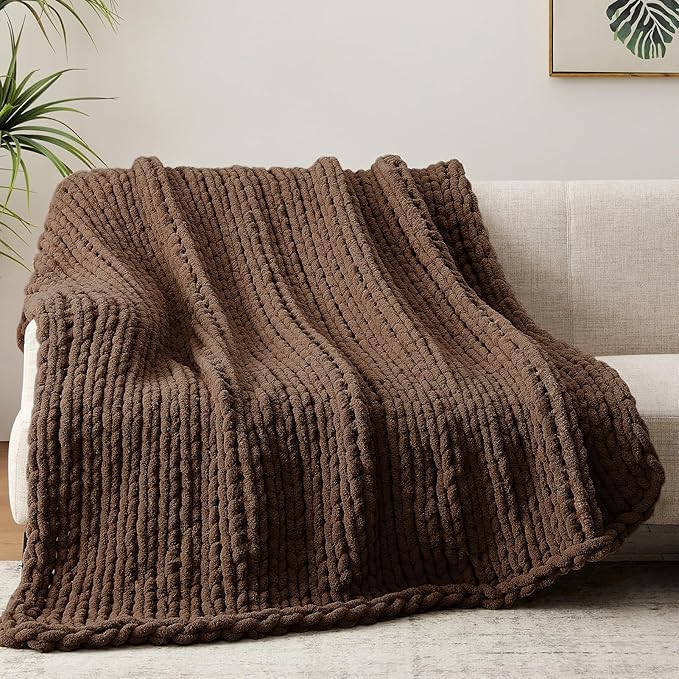 Negwoo Chunky Knit Throw Blanket, 60''*80'' Knitted Throw Chenille Yarn for Bed Couch, Handmade Dark Brown Crochet Big Thick Blanket, Machine Washable Cute Comfy Blanket for Home Decor