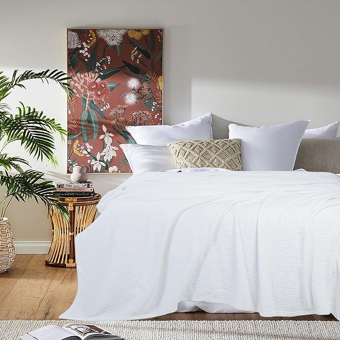TreeWool Premium 100% Cotton Waffle Summer King Blanket (90"x108", White) | 420 GSM Breathable Lightweight Moisture Wicking Soft Knit Thermal Blanket for Bed or Sofa All-season Comfort Machine Washable