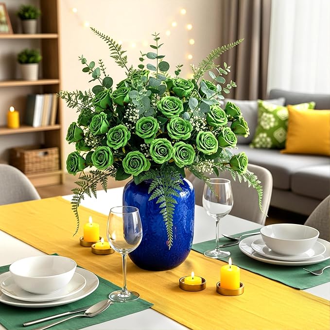 Auihiay 60PCS Green Roses Artificial Flowers, Fake Roses, Velvet Silk Green Flower, Natural-Looking Faux Blooms Ideal for Valentine's Day, St. Patrick's Day, DIY Floral Craft & Home Decoration