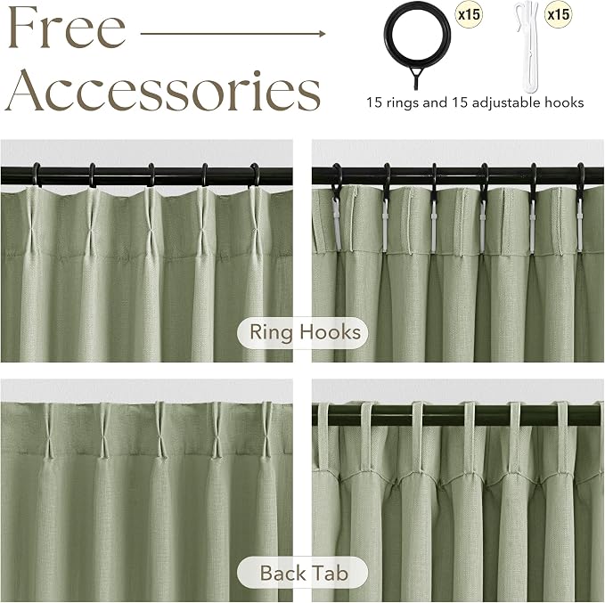 Sage Green Pinch Pleated Linen Curtains 63 Inch Length 2 Panels for Living Room Bedroom Textured Semi Sheer Drapes Pinch Pleat Rings Window Curtain 40x63