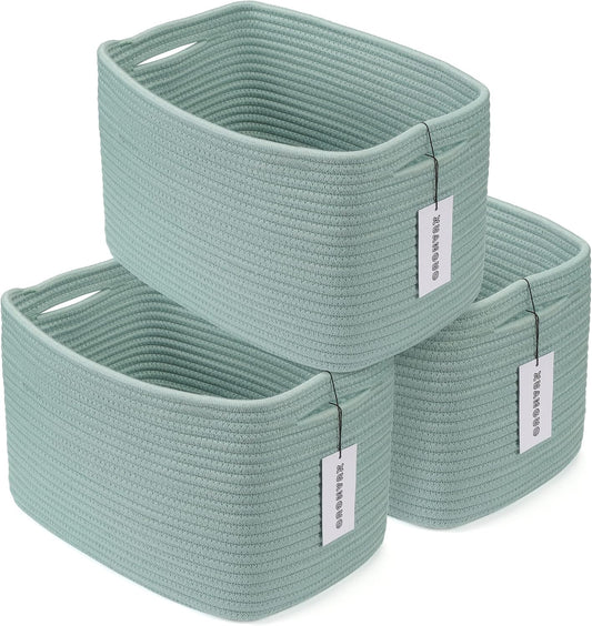 Cotton Rope storage Basket Bins Woven Basket for Organizing Shelves Rectangle Decorative Baskets For storage Clothes Toys Books Towels Square Wicker Nursery basket organizer 3 pack Green