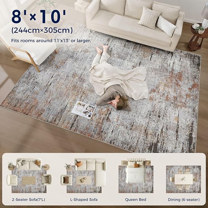DMOYEST Area Rug Living Room Rugs - 8x10 Large Soft Indoor Neutral Modern Abstract Low Pile Washable Rug Carpet for Bedroom Dining Room Farmhouse Home Office - Grey Rust