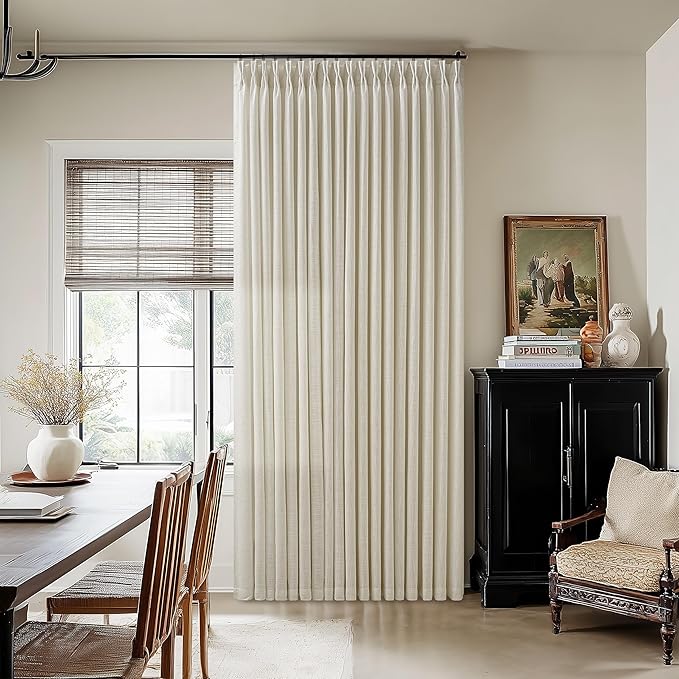 Extra Wide Pinch Pleat Curtains 120 Inches Long for Patio Sliding Glass Door Beige Linen 70 Inch Wide Curtain Memory Trained Pleated Drapes Hooks Rings 70x120 Curtain for Large Window 1 Panel