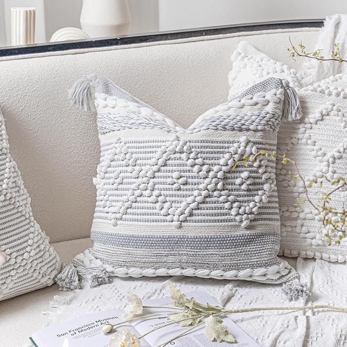 BlissBlush Gray Cream White Boho Throw Pillow Cover 20X20, Boho Woven Textured Pillow Cover, Neutral Pillow Cover, Sofa Couch Bed Farmhouse Lumbar Pillow (Cover ONLY)