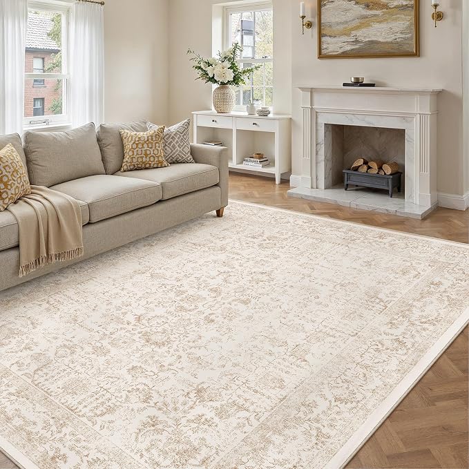 PureCozy Beige Area Rug 10x12 Machine Washable Large Vintage Living Room Distressed Non Slip Carpet Traditional Indoor Bedroom Retro Floral Accent Throw Rug for Office Kitchen Dining Room