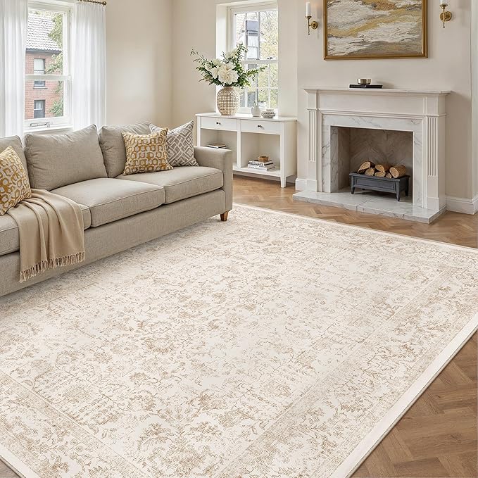 PureCozy Beige Area Rug 10x14 Machine Washable Large Vintage Living Room Distressed Non Slip Carpet Traditional Indoor Bedroom Retro Floral Accent Throw Rug for Office Kitchen Dining Room