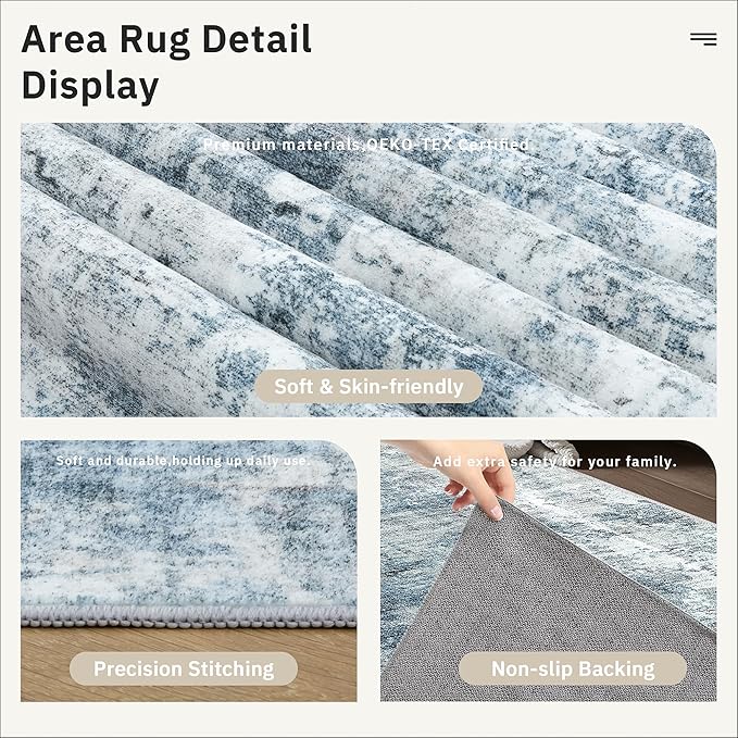 Soalmost 12x15 Washable Area Rug Blue/Grey Neutral Abstract Living Room Large Carpet Non Slip Bedroom Indoor Office Dining Room Low Pile Thin Rug