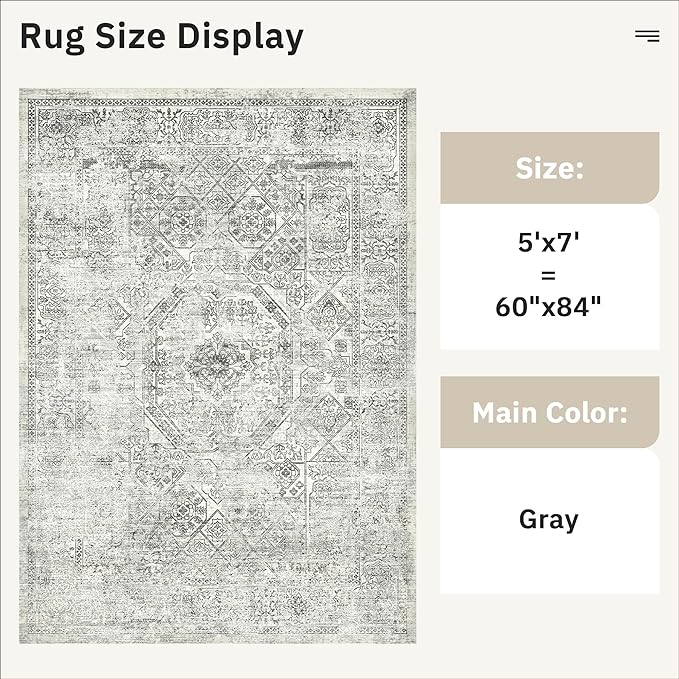 Soalmost 5x7 Area Rugs Grey Low Pile Indoor Washable Trendy Faded Style Floral Rugs for Bedroom Living Room Dining Room Foldable Non-Slip Thin Print Mat