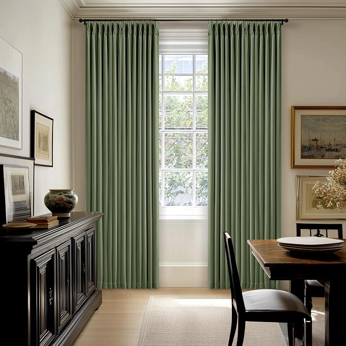 120 Inch Pinch Pleat Drapes Olive Green Room Darkening Curtains 120 Inches Long for Bedroom Rustic Cottagecore 100% Blackout Thick Linen Double Layer Pleated Curtain 2 Panels Set Loden Green Decor