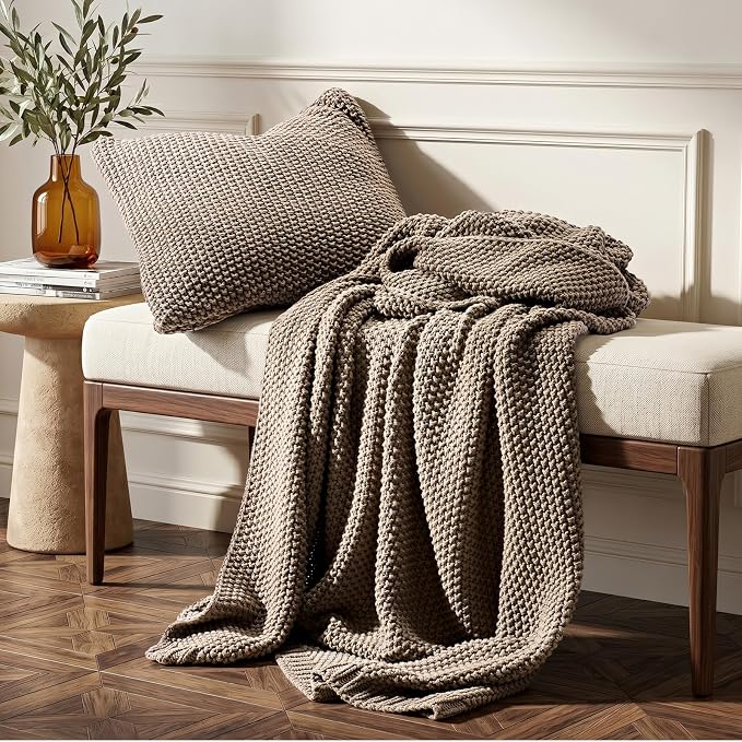 EverGrace Organic Cotton Chunky Knit Throw Blanket, 50 x 60 Stone Taupe | OCS Certified Organic Cotton, Seed Stitch Knit, Soft & Breathable, Cozy Midweight, Decorative Throw for Couch, Bed & Sofa