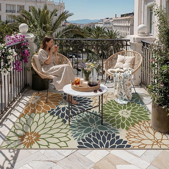 HUGEAR 3'x5' Floral Outdoor Rug Linen-Look Waterproof Colorful Floor Mat Home Decor for Camping RV Outside Area Rug Patio Deck Porch Balcony Backyard Picnic Beach Carpet