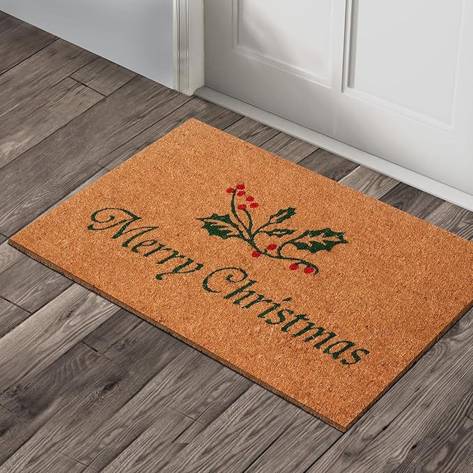 A1HC Natural Coco Coir Door Mat Merry Christmas with Heavy Duty Non-Slip PVC Backing - 18" x 30" - Easy to Clean, Holiday Welcome Mat for Home, Low-Profile Durable Doormat