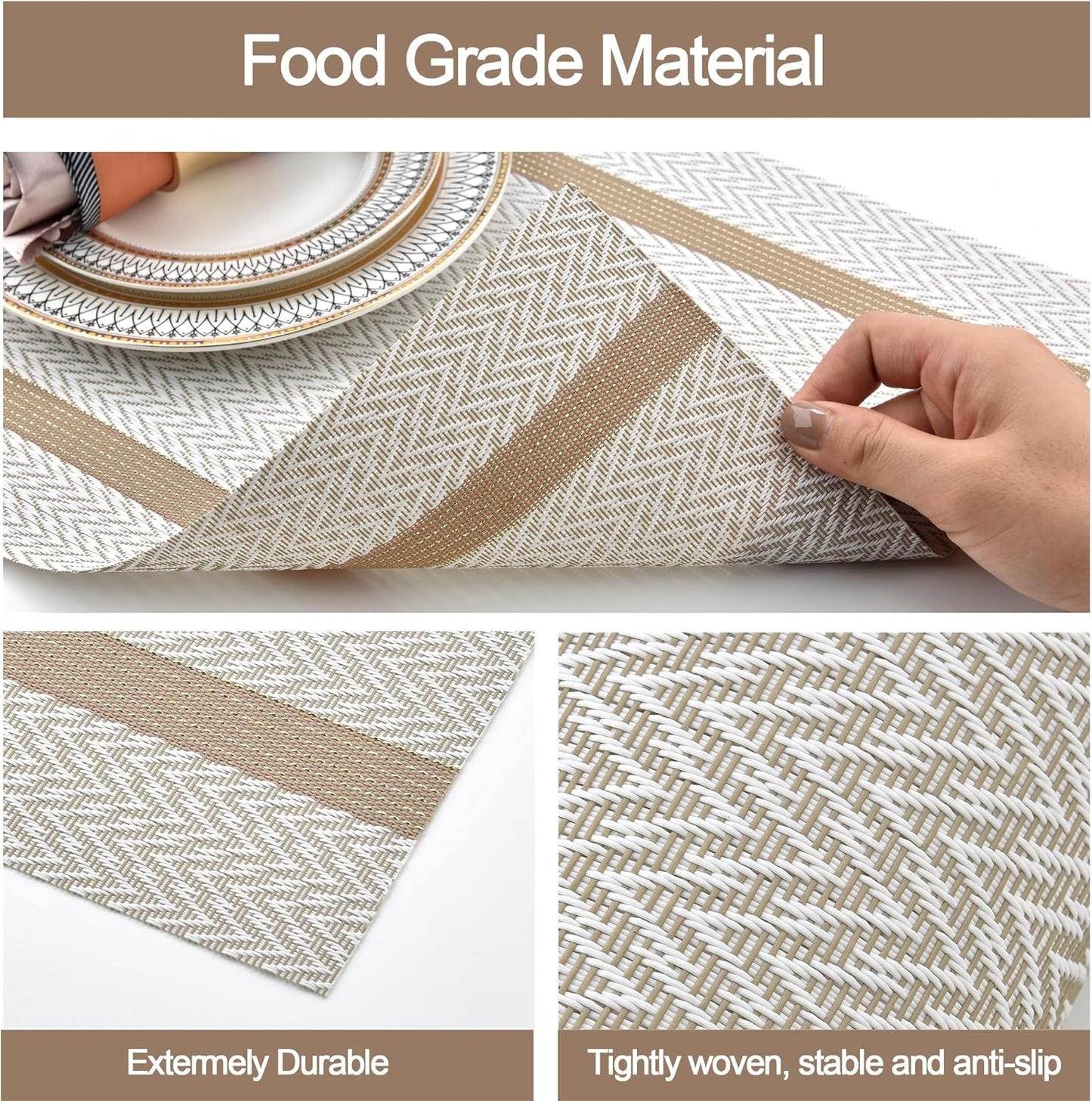 Beige White Placemats Set of 6 - Easy Clean Modern Durable Washable Vinyl Place Mats - Heat Resistant Placemats for Kitchen Table - PVC Table Mats for Dining Table (Beige White with Stripes, 6)