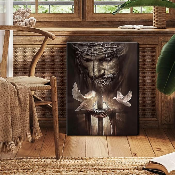 Eysintum Christian Framed Canvas Wall Art Jesus Christ Crown of Thorns Cross with Holy Spirit Doves Religious Home Decor for Church Prayer Room Living Room Office Ready to Hang 16x24in