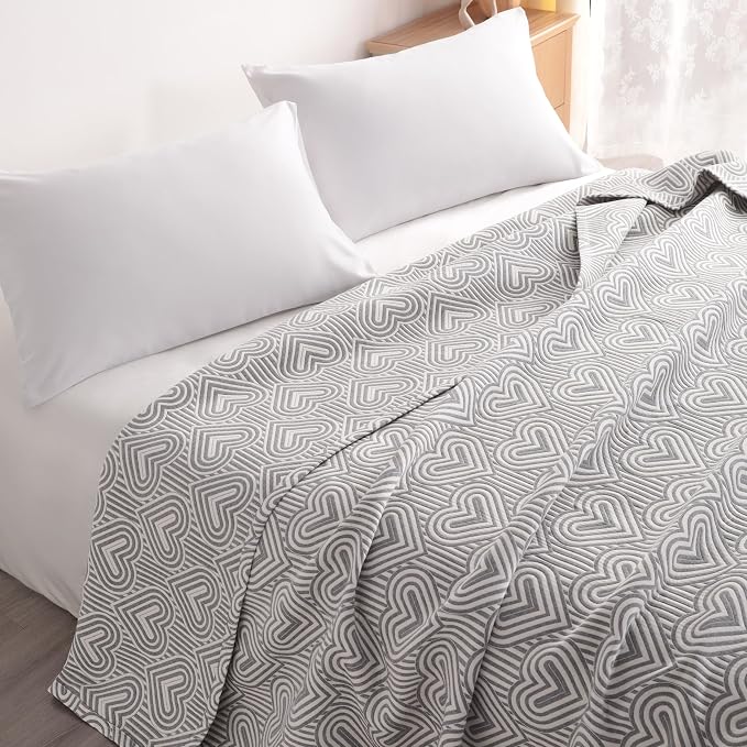 NTBAY 3 Layers Cotton Muslin 88x92 Queen Bed Blanket, Super Soft Breathable Thermal Yarn Dyed Quilt for Adults, Perfect Lightweight Blanket for Couch Sofa Bed All Seasons, Grey Heart