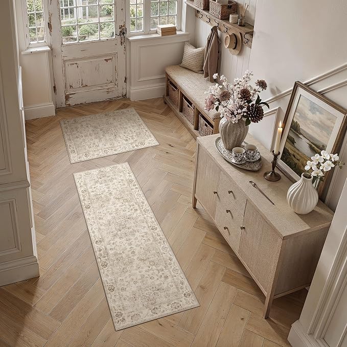 2 Piece Washable Kitchen Rug Set Beige Vintage Runner Mats Non-Slip Soft Low Pile Farmhouse Area Rugs for Floor Sink Laundry Bedroom Bathroom Living Room, 2x3 + 2x6