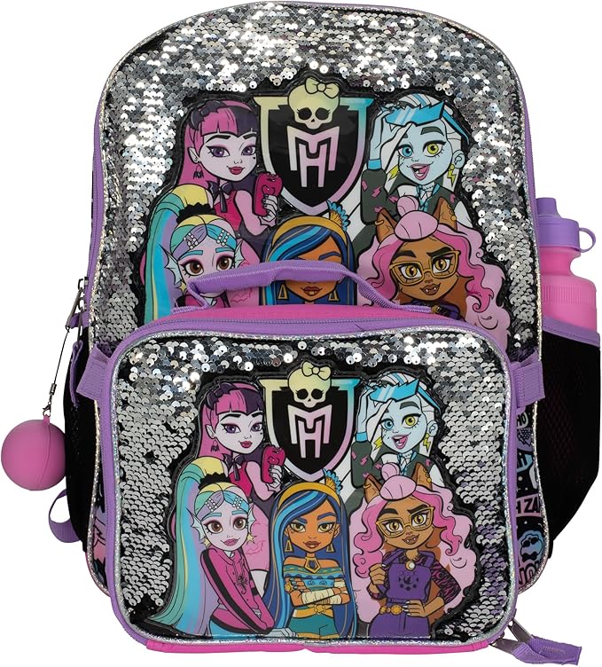 AI ACCESSORY INNOVATIONS Monster High 4 Piece Backpack Set, Clawdeen Wolf, Cleo DeNile, Dracularua, Frankie Stein, & Lagoona Blue Bookbag, Flip Sequins 16” School Bag, Black & Pink