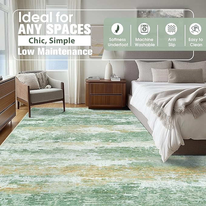 10x14 Area Rugs for Living Room Rug Washable: Abstract Large Rug Indoor Modern Carpet Non Slip for Dining Room Bedroom Nursery Home Office Green