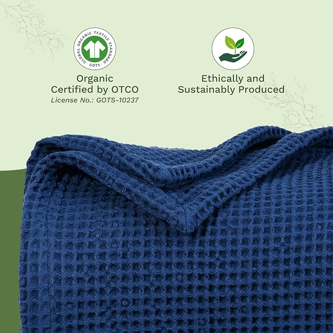 Organic Cotton Blue King Blanket - GOTS Certified, Waffle Weave, Soft, Breathable, Premium and All-Year 100% Cotton Blanket - Cozy, Hypoallergenic and Sustainably-Made (Navy Blue - King/Cal King)