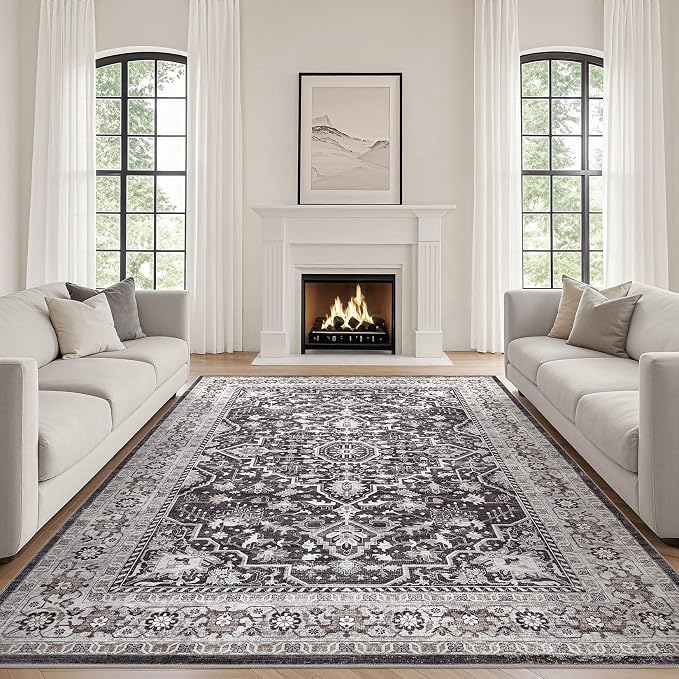 Black Rug Living Room Rugs: 8x10 Washable Boho Large Vintage Moody Soft Distressed Oriental Stain Resistant Non-Slip Indoor Floor Carpet for Bedroom Playroom Office Dining Room Retro Home House