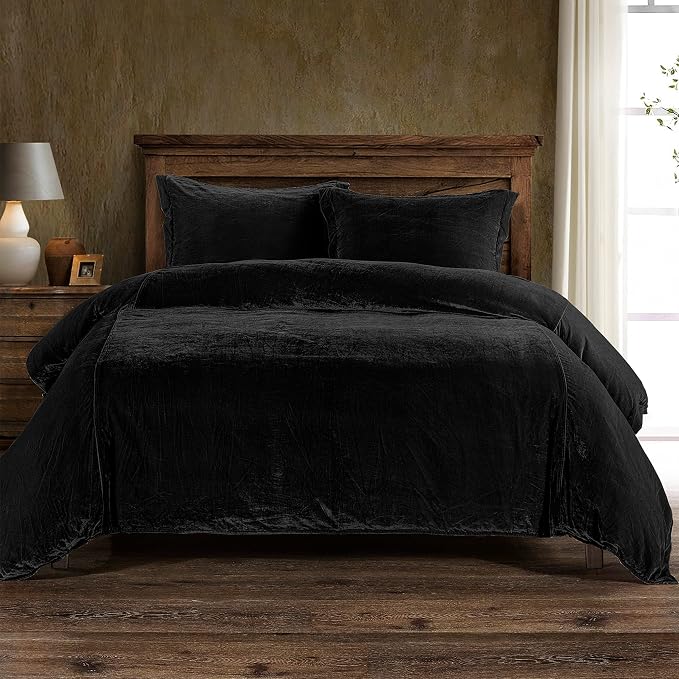 HiEnd Accents Stella Faux Silk Velvet 3 Piece Duvet Cover Set with 2 Pillow Shams, Queen, Black, Romantic Western Modern Traditional Style Luxury Bedding, 1 Comforter Cover and 2 Pillow Cases
