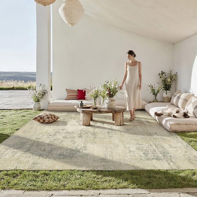 8x10 Easy Jute Area Rug Beige Grey Abstract Washable Non Slip Indoor Outdoor Rug Neutral Modern Carpet for Living Room Bedroom Dining Room Backyard Courtyard