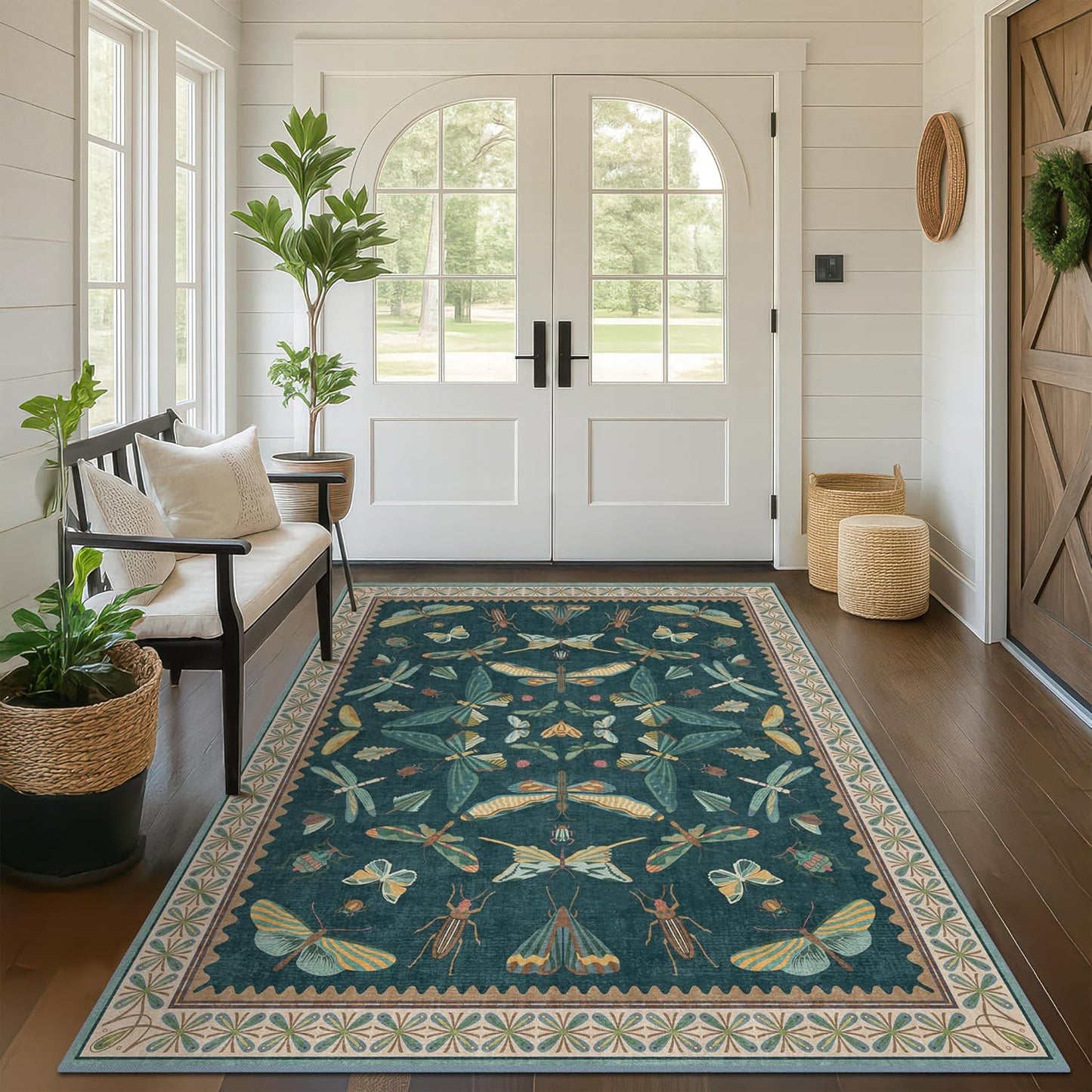 Insect Blue Green Living Room Rug 5x8 - Washable Area Rug for Bedroom, Dining Room, Kids Playroom, Home Office, Boho Butterfly Non Slip Stan Resistant